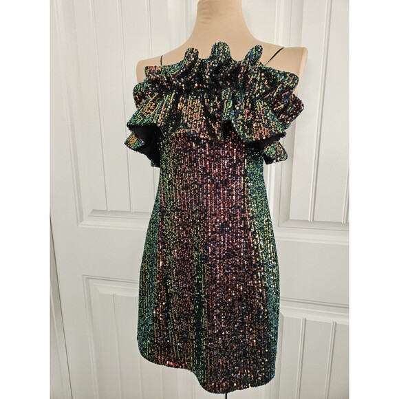 thirty thirty Sequin & Ruffle Mini Dress Iridescent Prom Club Concert Party L M - Picture 2 of 11